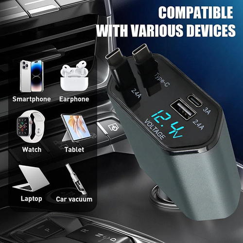Ghana's Ultimate 240W Car Charger - 4-in-1 Retractable Cable with PD Fast Charge for All Phones