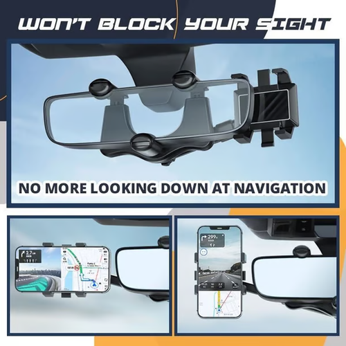 360° Rotating Car Mirror Phone Holder - See Navigation & Road Hands-Free! Install in 10 Sec