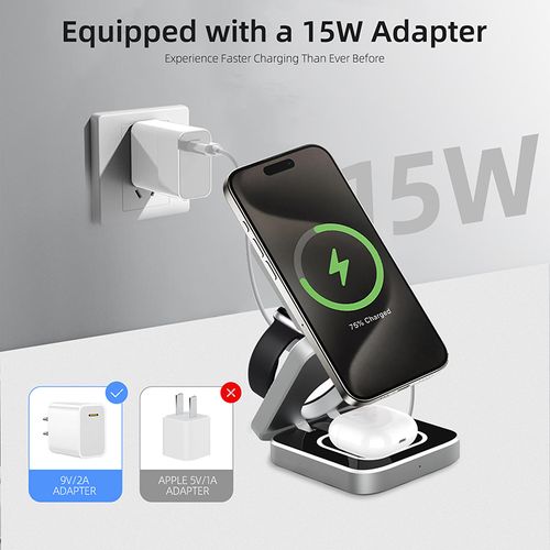2025 New Ideas Product 15W Fast Charging 3 in 1 Magnetic Wireless Charger for Mobile Phone Smart Watch Earphones