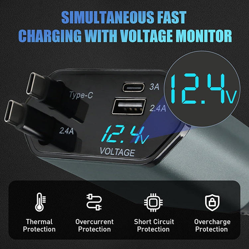 Ghana's Ultimate 240W Car Charger - 4-in-1 Retractable Cable with PD Fast Charge for All Phones