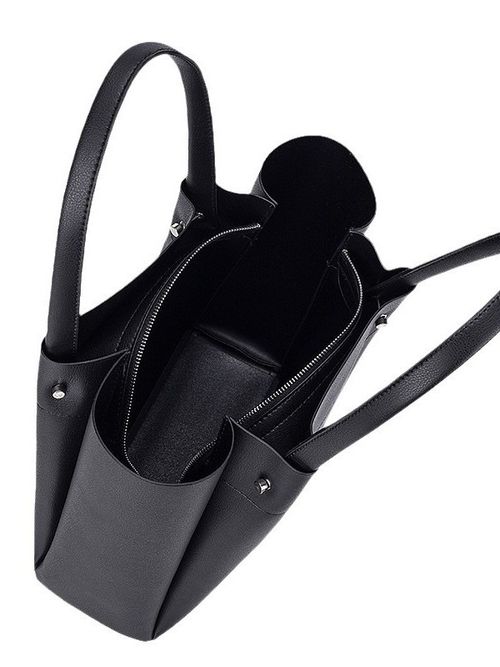 Classic Black Leather Tote: Roomy Interior, Dual Handles, Bonus Inner Bag for Organized Storage