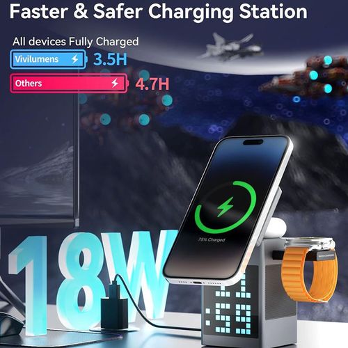 6-in-1 Pixel Animation BT Speaker Alarm Clock Multi-Functional Magnetic Wireless Phone Charger Stand