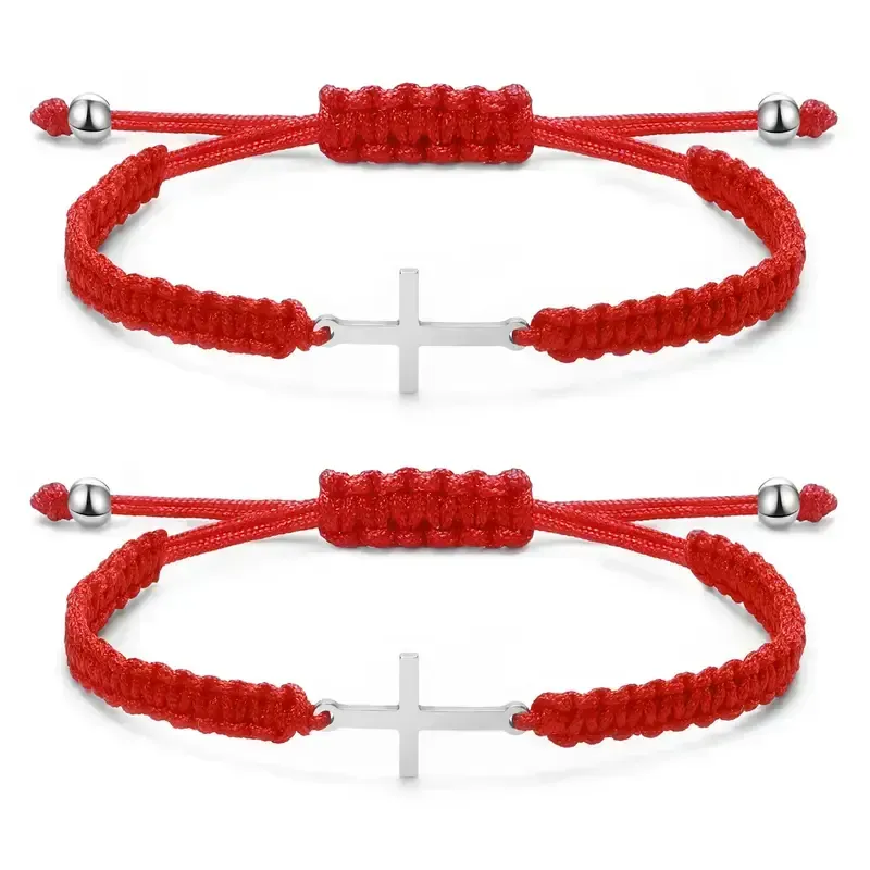 2pcs Stainless Steel Cross Bracelet for Boys Girls, Braided Rope Friendship Bracelet, Adjustable Faith Hope Blessed Jewelry for Men Women