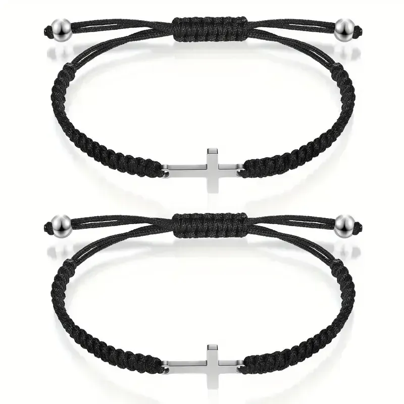 2pcs Stainless Steel Cross Bracelet for Boys Girls, Braided Rope Friendship Bracelet, Adjustable Faith Hope Blessed Jewelry for Men Women
