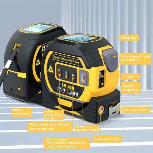 5M Tape + 40M Laser Digital Measuring Tape – Multi-Function Precision Measuring Tool with LCD Display & Cross Laser Emitter