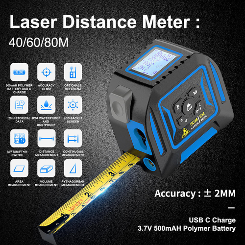 5M Tape + 60M Laser Digital Measuring Tape – Multi-Function Precision Measuring Tool with LCD Display & Cross Laser Emitter