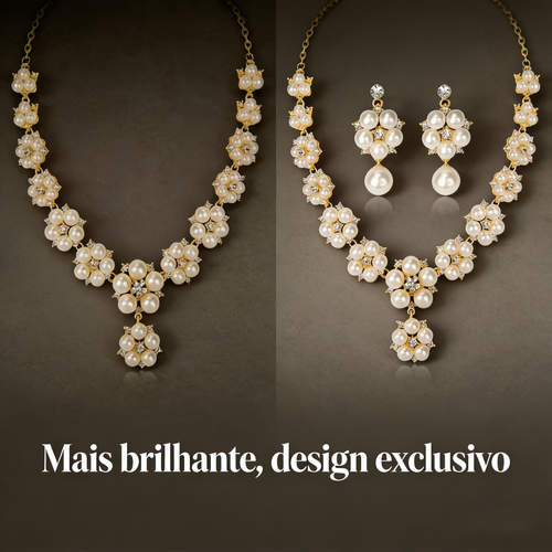 Conjunto de Colar e Brincos Pérola Falsa  Zirconia  Estilo Vintage FolhaFlor, Ideal para Noivas, FestaseDia a Dia