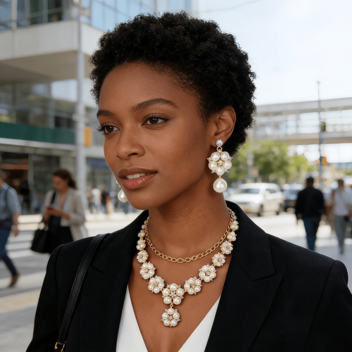 Conjunto de Colar e Brincos Pérola Falsa  Zirconia  Estilo Vintage FolhaFlor, Ideal para Noivas, FestaseDia a Dia