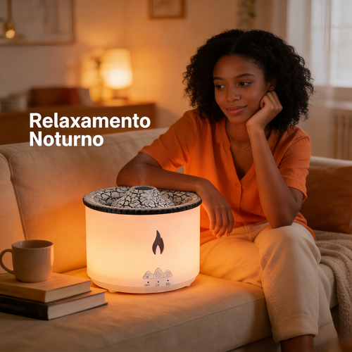 Difusor de Aromas Vulcão Criativo  Umidificador Purificador de Ar, Ideal para Lar, com Luz de Chamas e Aroma Relaxante