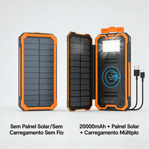 Power Bank Solar 20000mAh Carregamento Sem Fio Resistente à Água e Choques Carregamento Rápido para Exterior
