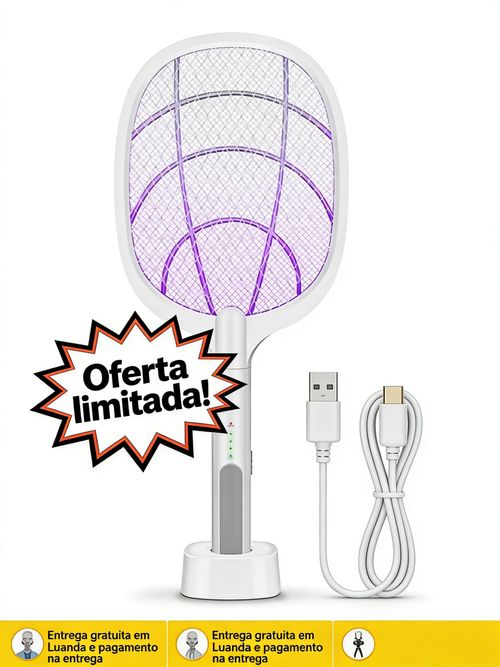 Racket Anti-Mosquito Elétrica com Luz de Atração Carregável por USB Modo Plegável