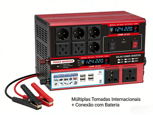 Inversor de Energia 2000W para Veículo Fonte Fotovoltaica com Múltiplas Tomadas e 4 Portas USB de Carga Rápida