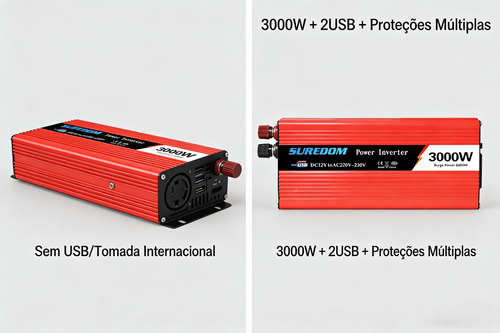 Inversor de Energia 3000W para Veículo Conversor Fotovoltaico Solar com Duas Portas USB