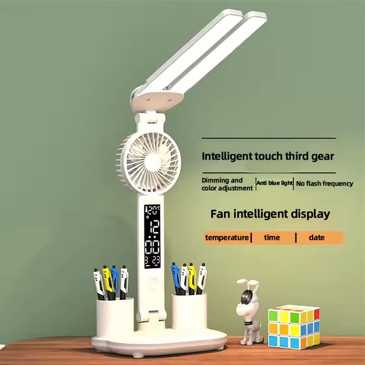 🌟Students and parents, look no further! Our innovative Rechargeable LED Table Lamp is a game-changer. 📚It features a pen container, a foldable & installable box, plus a built-in children's air cooling fan. 💡Perfect for study nights, keeping kids cool and organized. With bright LED light, it's energy-efficient too. Grab this must-have study buddy now!