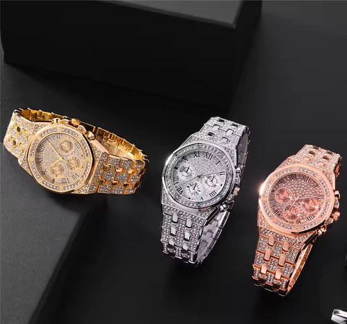 2025 New Men's Gold Glitter Rhinestone Quartz Hip Hop Wristwatch Luxury Diamond Ice Crystal Watch