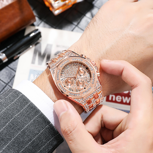 2025 New Men's Gold Glitter Rhinestone Quartz Hip Hop Wristwatch Luxury Diamond Ice Crystal Watch