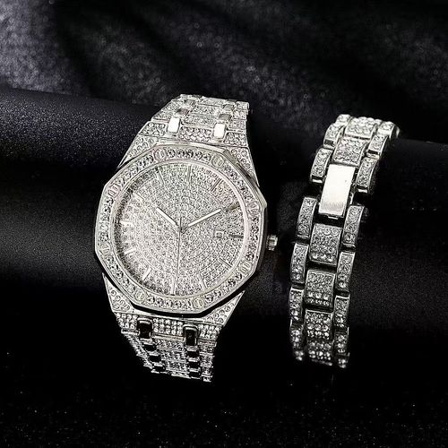 2025 Men's Gold Bling Rhinestone Quartz Hip Hop Wrist Watch Watches Luxury Diamond Iced Out Watches Set
