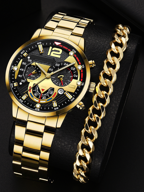 2PCS Set of Luxury and Fashionable Men's Calendar Clock Watches Business Casual Wristwatch Bracelet Quartz Watch Set for Men