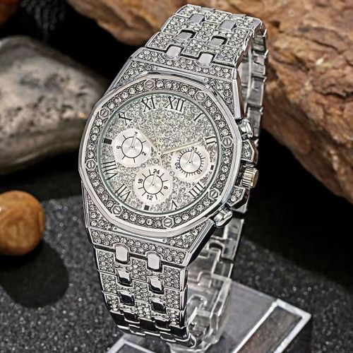 2025 New Men's Gold Glitter Rhinestone Quartz Hip Hop Wristwatch Luxury Diamond Ice Crystal Watch