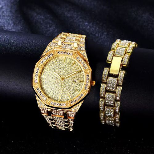 2025 Men's Gold Bling Rhinestone Quartz Hip Hop Wrist Watch Watches Luxury Diamond Iced Out Watches Set
