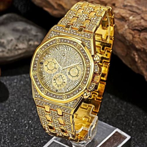 2025 New Men's Gold Glitter Rhinestone Quartz Hip Hop Wristwatch Luxury Diamond Ice Crystal Watch