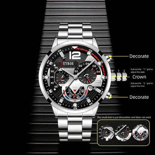 2PCS Set of Luxury and Fashionable Men's Calendar Clock Watches Business Casual Wristwatch Bracelet Quartz Watch Set for Men