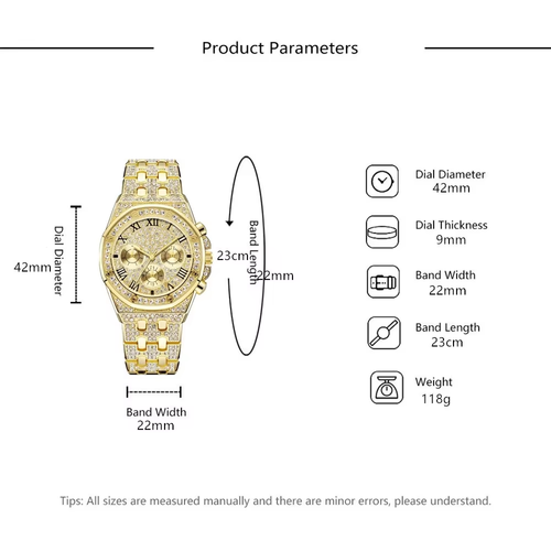 2025 New Men's Gold Glitter Rhinestone Quartz Hip Hop Wristwatch Luxury Diamond Ice Crystal Watch