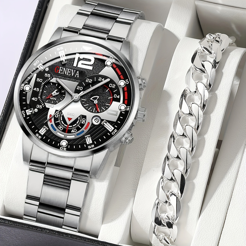 2PCS Set of Luxury and Fashionable Men's Calendar Clock Watches Business Casual Wristwatch Bracelet Quartz Watch Set for Men