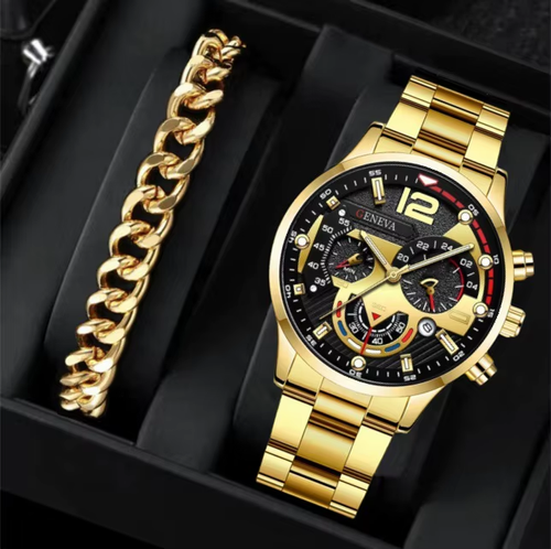 2PCS Set of Luxury and Fashionable Men's Calendar Clock Watches Business Casual Wristwatch Bracelet Quartz Watch Set for Men