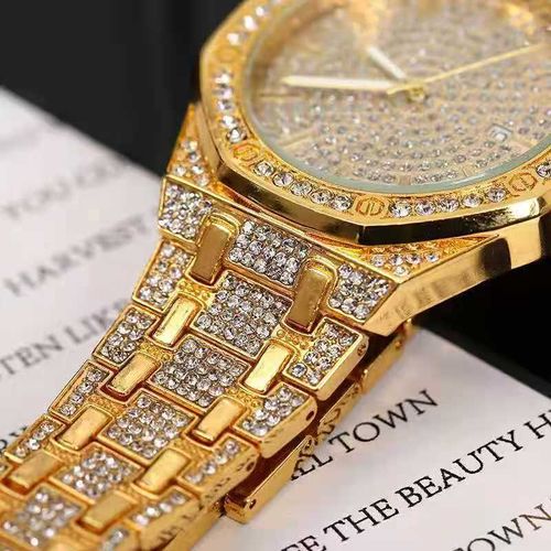2025 Men's Gold Bling Rhinestone Quartz Hip Hop Wrist Watch Watches Luxury Diamond Iced Out Watches Set