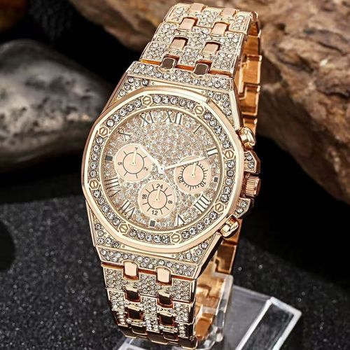 2025 New Men's Gold Glitter Rhinestone Quartz Hip Hop Wristwatch Luxury Diamond Ice Crystal Watch