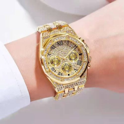 2025 New Men's Gold Glitter Rhinestone Quartz Hip Hop Wristwatch Luxury Diamond Ice Crystal Watch