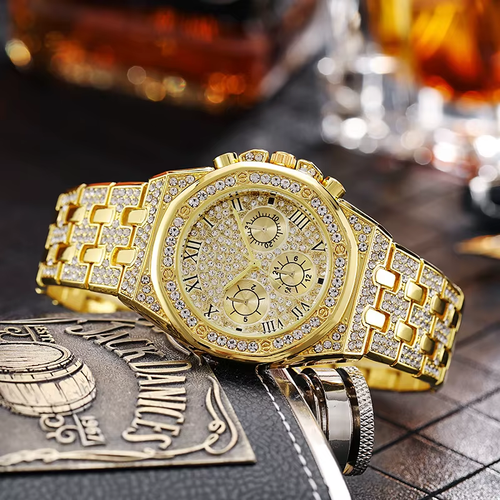 2025 New Men's Gold Glitter Rhinestone Quartz Hip Hop Wristwatch Luxury Diamond Ice Crystal Watch