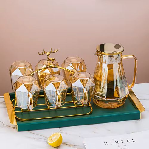 Conjuntos de jarros de vidro diamantado de grande,Conjunto cor champanhe: 1 jarra e 6 copos