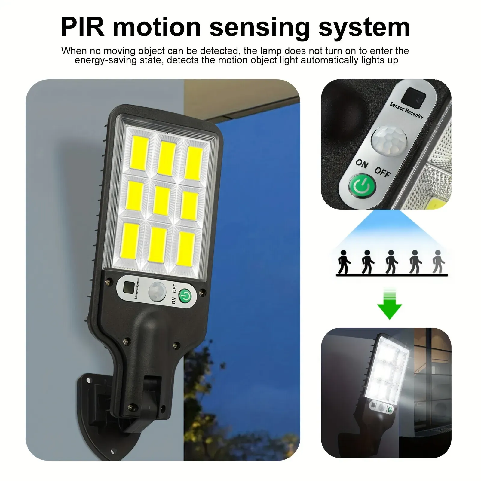 Luzes de rua com sensor solar ao ar livre, 108 COB ajustável corpo humano Sensor de movimento Lâmpada LED de parede com controle remoto