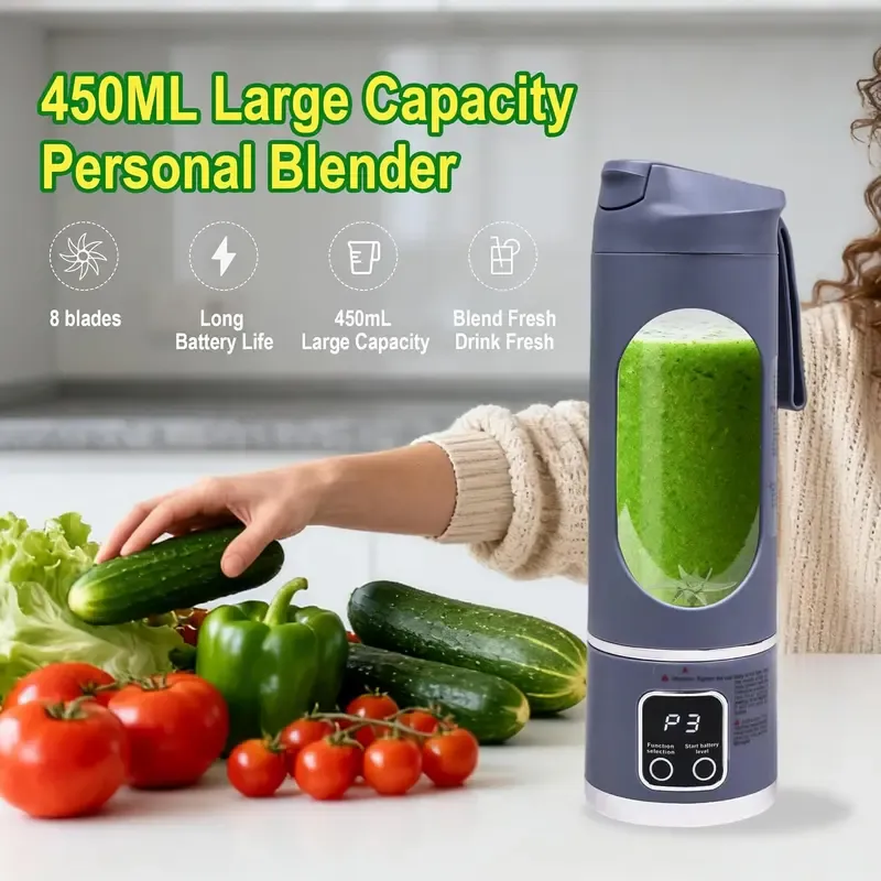 Portable electric juicer, with a purple exterior and a digital display, measuring 255 millimeters in height, suitable for making personal smoothies and juices, equipped with an LED screen ultimate portable blender liquid diet digital multimode