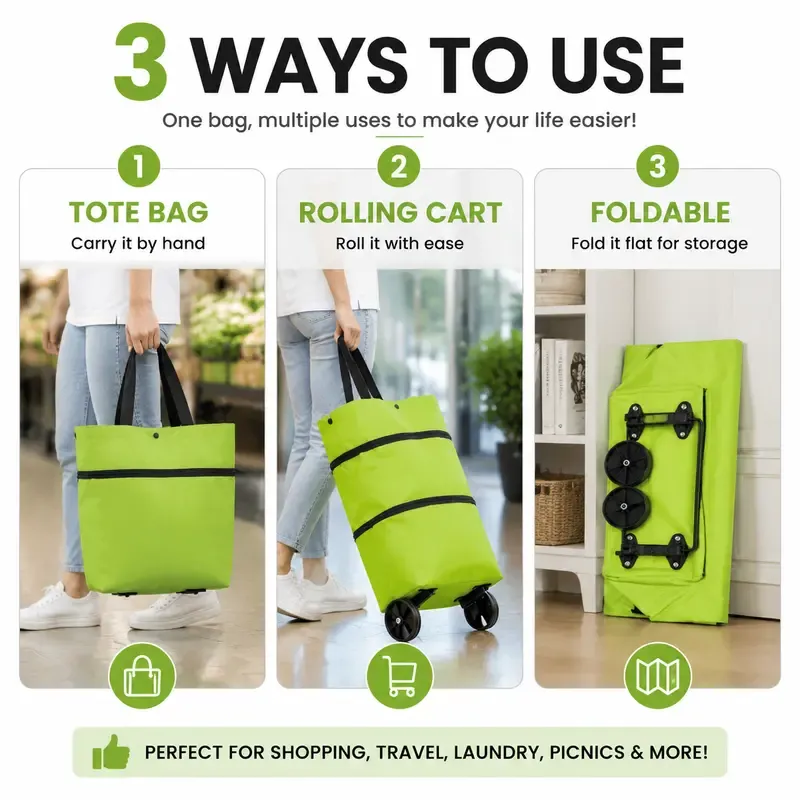 2-in-1 Tote Bag & Rolling Shopping Cart, Foldable Grocery Bag with Wheels, Large Capacity Shopping Tote for Easy Carrying & Rolling