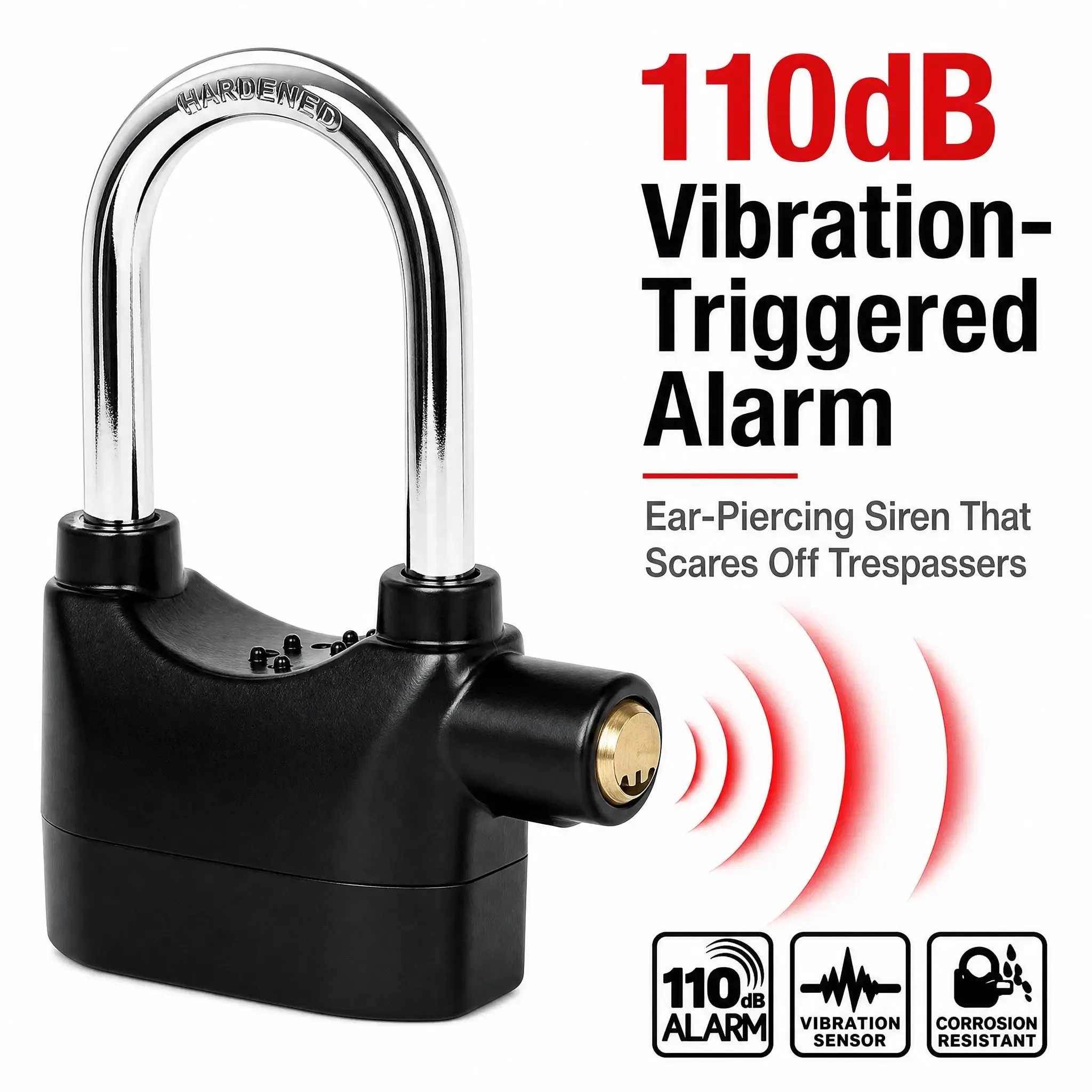 Waterproof Anti-Theft Alarm Padlock, 110dB Vibration Trigger Security Lock for Motorcycle, Gate