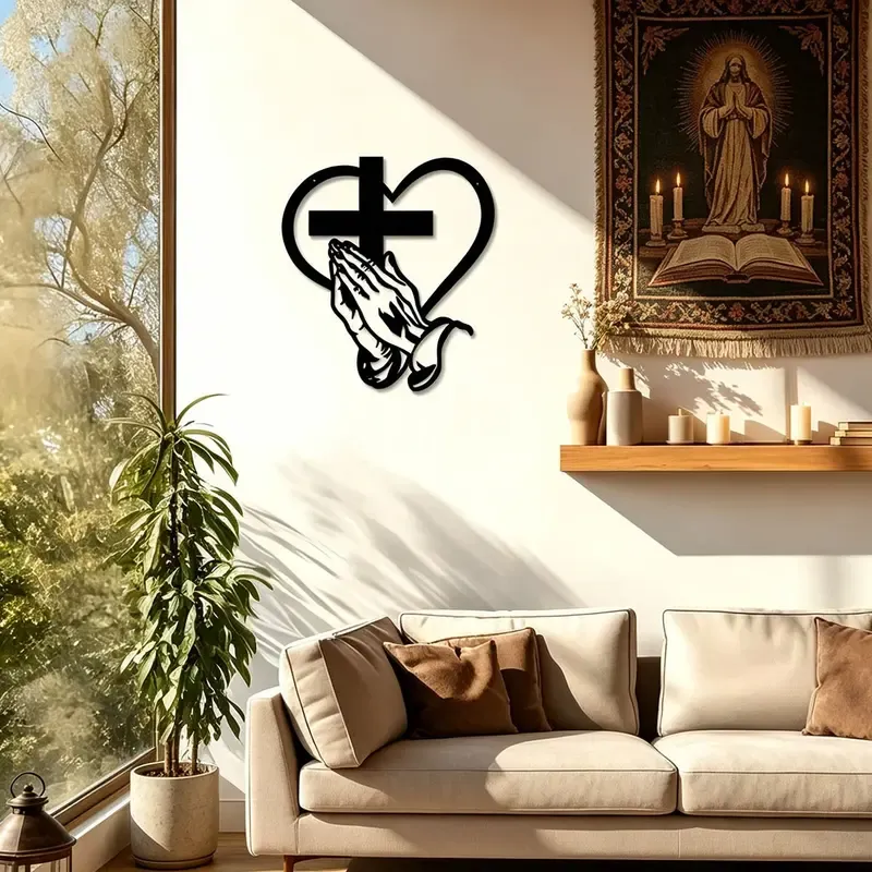 Elegant Metal Christian Religious Heart & Cross Wall Art, Cross Decorations, 15.74 Inch Praying Hands Design, Indoor Outdoor Iron Sculpture Decor for Living Room Garden Office Farmhouse Prayer Hands