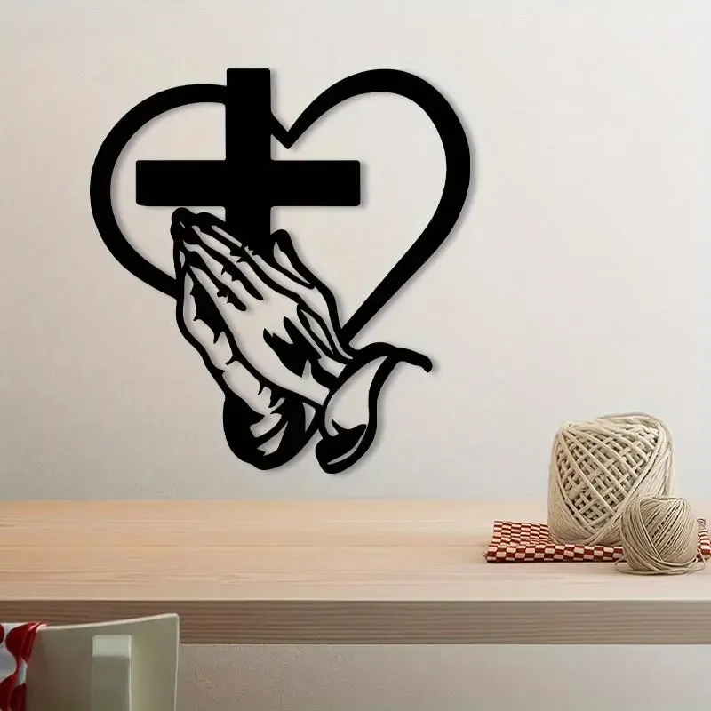 Elegant Metal Christian Religious Heart & Cross Wall Art, Cross Decorations, 15.74 Inch Praying Hands Design, Indoor Outdoor Iron Sculpture Decor for Living Room Garden Office Farmhouse Prayer Hands