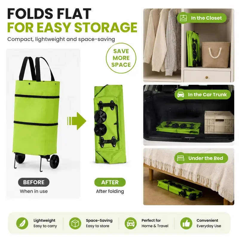2-in-1 Tote Bag & Rolling Shopping Cart, Foldable Grocery Bag with Wheels, Large Capacity Shopping Tote for Easy Carrying & Rolling