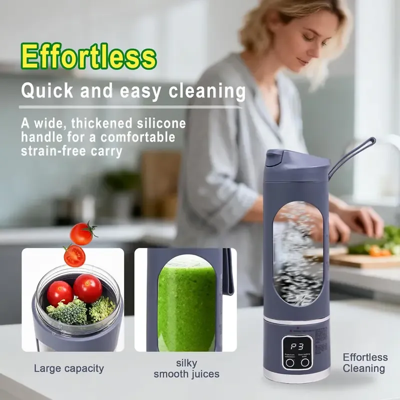 Portable electric juicer, with a purple exterior and a digital display, measuring 255 millimeters in height, suitable for making personal smoothies and juices, equipped with an LED screen ultimate portable blender liquid diet digital multimode