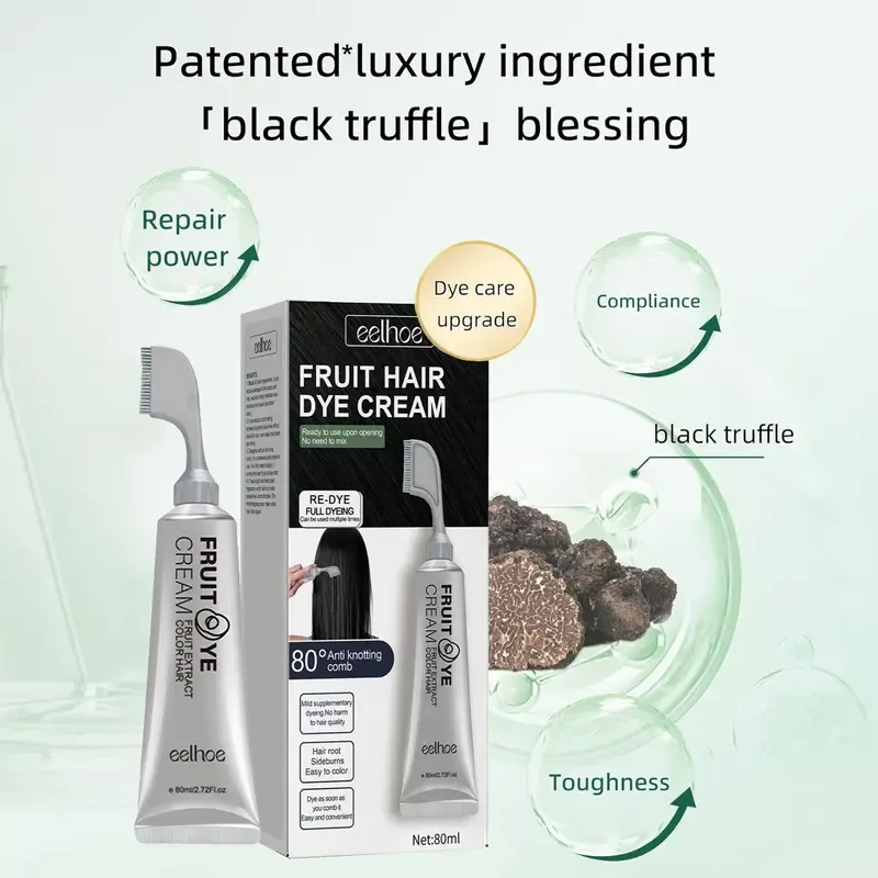 Fruit Hair Dye Cream with Comb for Grey Hair Coverage – Ammonia Free Hair Color Cream for Women & Men, Ready to Use No Mixing Needed, Long Lasting Non-Staining Fruit Essence Formula, 80ml