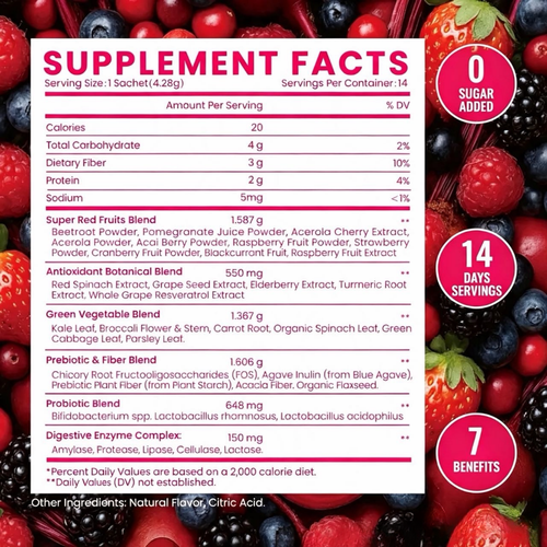 Limited Time Offer —Super Red Food Powder, supports blood pressure, benefits leg veins, heart and blood vessel health, extracts of beetroot, etc. (14 bottles per box)