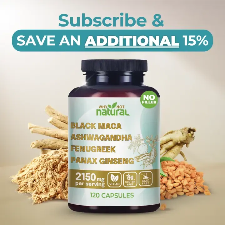 4-in-1 Organic Black Maca Root, Ashwagandha, Fenugreek, Panax Ginseng Supplement for Men and Women in Capsules by Why Not Natural Healthcare Edible