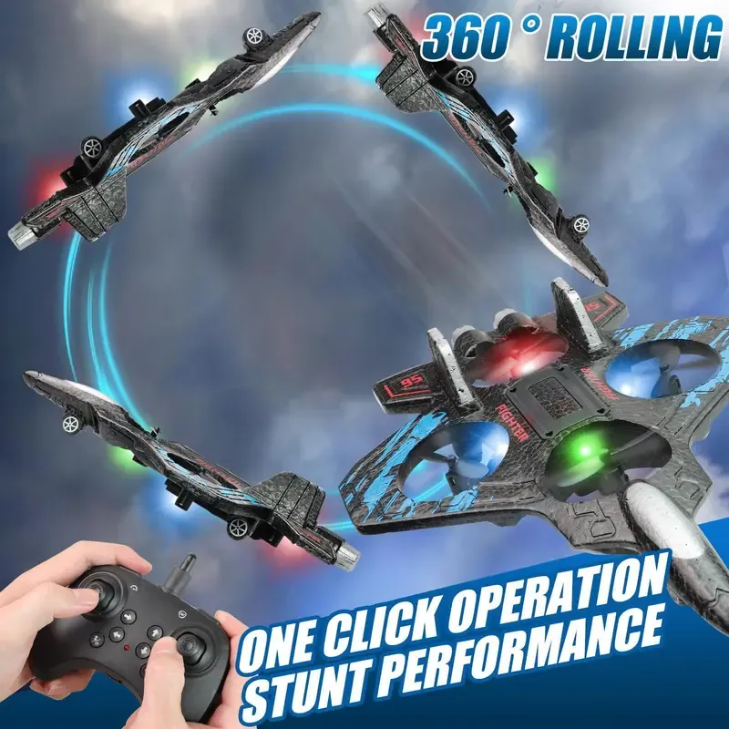 RC Fighter Jet Toy with LED Lights, Remote Control Airplane for Kids, 360° Rolling Stunt Flying Toy with Stable Hover, One Key Takeoff Landing Gift for Boys Girls Remote Control Jet Remote Control Aircraft Rc Airplanes