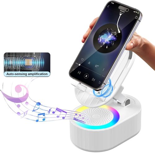 AKLLCCR Wireless Induction Audio Bluetooth Speaker 5in1 Cellphone Holder USB Emergency Rechargeable (5000mAh) Portable Power Mobile Tablet Stand with Colorful Ambient Light Gifts for Friend, Family