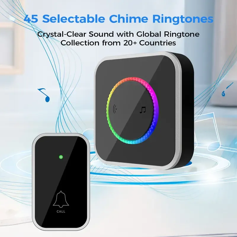 Wireless Home Security Door Bell Ringer - Waterproof, Easy Installation, Adjustable Volume, 45 Chime Variety, LED Entry Glow, 1000Ft Range, Black Bell for Door, Door Bell Ringer Wireless, Home Security Doorbell
