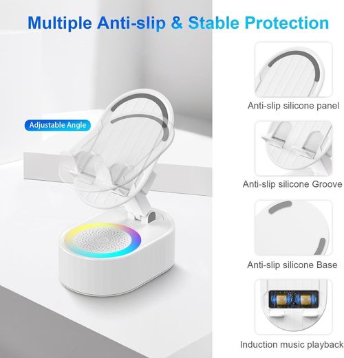 AKLLCCR Wireless Induction Audio Bluetooth Speaker 5in1 Cellphone Holder USB Emergency Rechargeable (5000mAh) Portable Power Mobile Tablet Stand with Colorful Ambient Light Gifts for Friend, Family