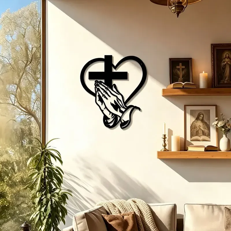Elegant Metal Christian Religious Heart & Cross Wall Art, Cross Decorations, 15.74 Inch Praying Hands Design, Indoor Outdoor Iron Sculpture Decor for Living Room Garden Office Farmhouse Prayer Hands